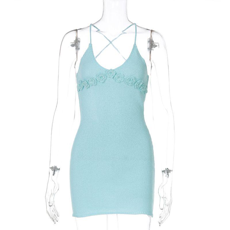 

Shemoda Fashion Wind Сексуальное платье-слинг с глубоким V-образным вырезом, шнуровкой, открытой спиной, вязаное, с декоративным цветком, женское, облегающее бедра, короткая юбка Sky Blue S
