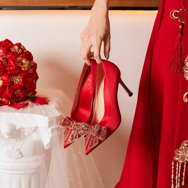 2026 Spring and Autumn Women's High Heels Chinese Red Butterfly Rhinestone Fashion Wedding Women's Shoes