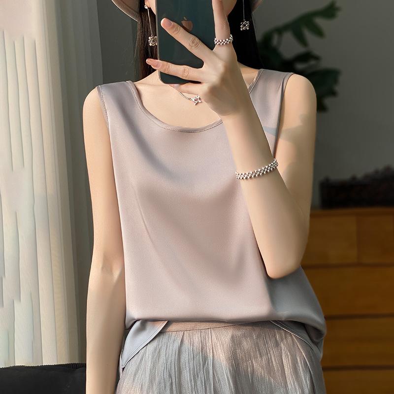 Champagne satin sleeveless vest women's spring and summer new outer wear short round neck inner top T-shirt