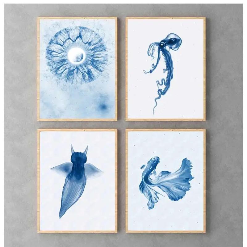 Retro Sea Animal Cyanea Jellyfish Squid Shark Minimalist Art Poster Canvas Painting Wall Prints Picture Living Room Home Decor