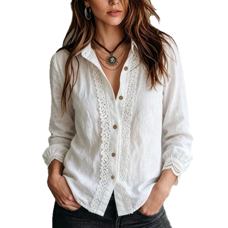 Lace Patchwork Vintage Collar V Neck Long Sleeve Button Shirt