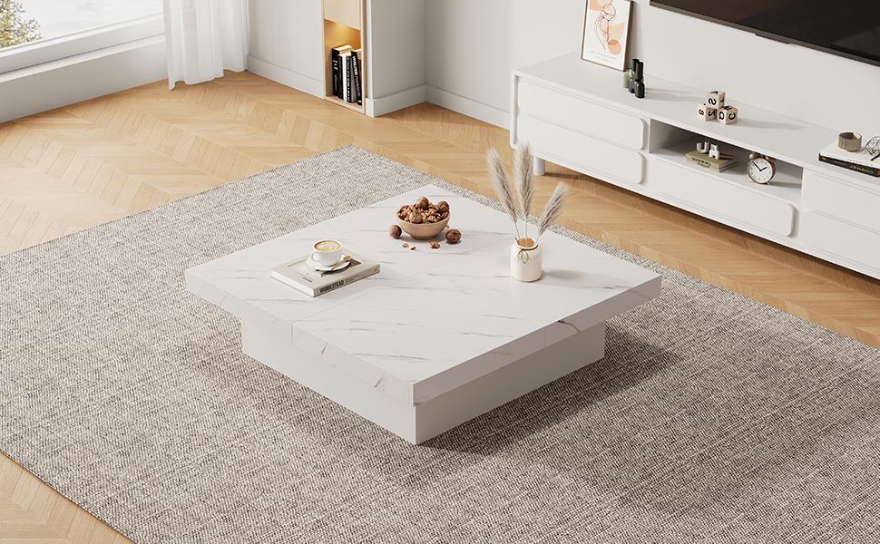 Table Basse Carrée Blanche Moderne Aspect Marbre, 90 x 90 x 25 cm – Quatre Tiroirs, Plateau Coulissant, Capacité de Charge jusqu'à 30 kg