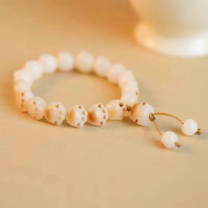 Women's Natural White Jade Charcoal-Grilled Bodhi Root Cat Paw Bracelet with Finger-Wrapped Prayer Beads