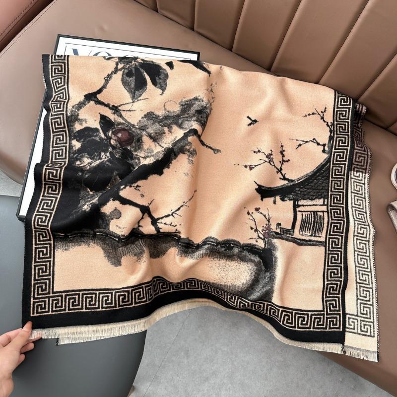 Autumn and winter new imitation cashmere plum blossom retro ink painting style travel photo warm scarf mother shawl outside