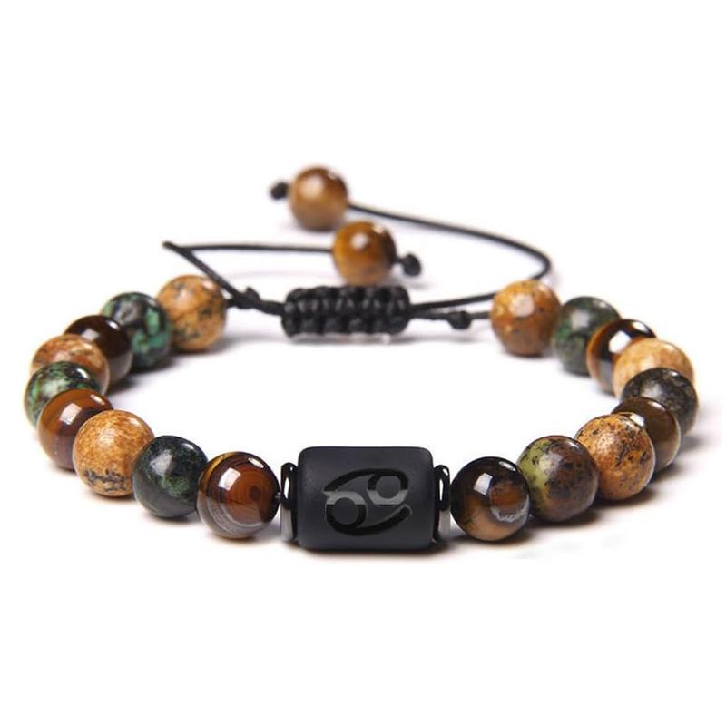 Natural Stone Tiger Eye Picture Jasper Round Beads 12 Constellation Bracelet for Men and Women Zodiac Signs Bracelet Aries