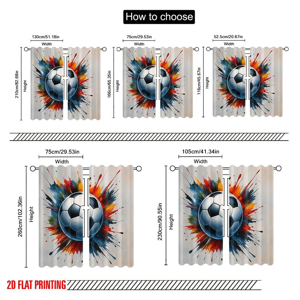 2pcs,2D plane printing Curtain Fabric Colorful Soccer Burst Versatile Durable Polyester (without rod) Gifts Use for Bedroom,