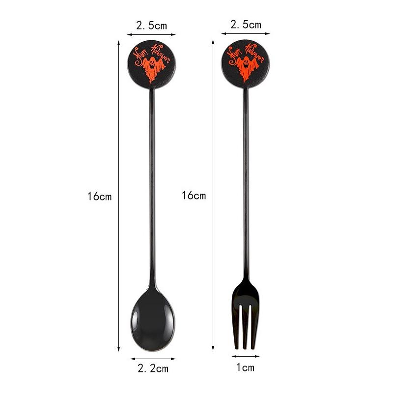 Halloween 304Stainless Steel Fork Spoon Set Halloween Pumpkin Witch Ghost Dessert Cake Fork Spoon Kitchen Stirring Ice Spoon