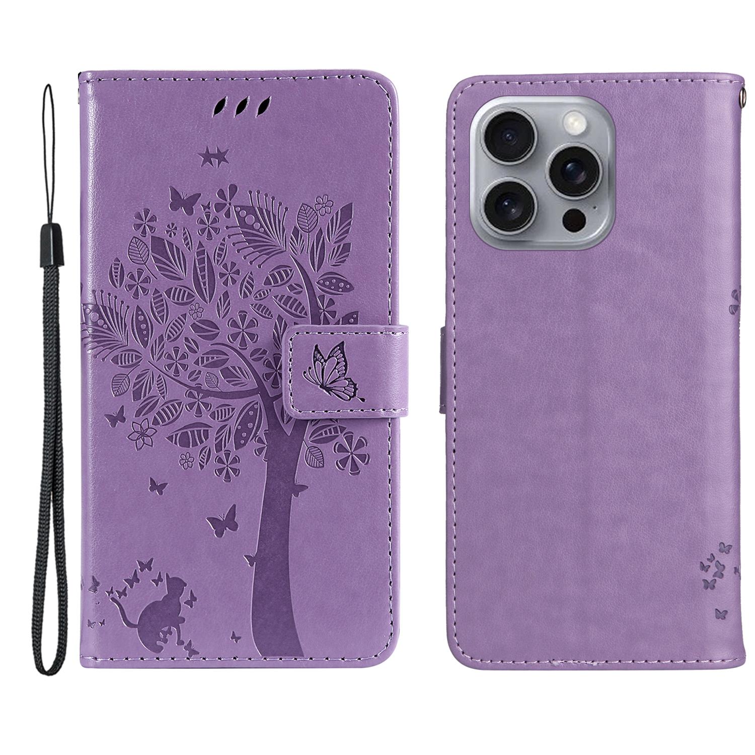 

For iPhone 16 Pro Max Phone Case with Stand Cat Tree Pattern Leather Wallet Mobile Cover Light Purple