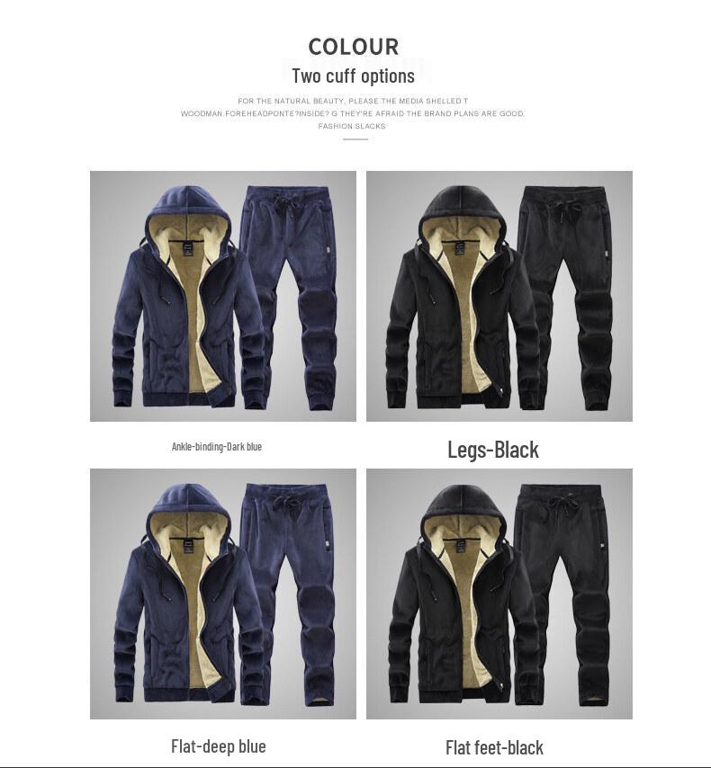 Pánská zimní bavlněná tepláková souprava z jehněčí vlny: Bunda s kapucí a kalhoty plus size