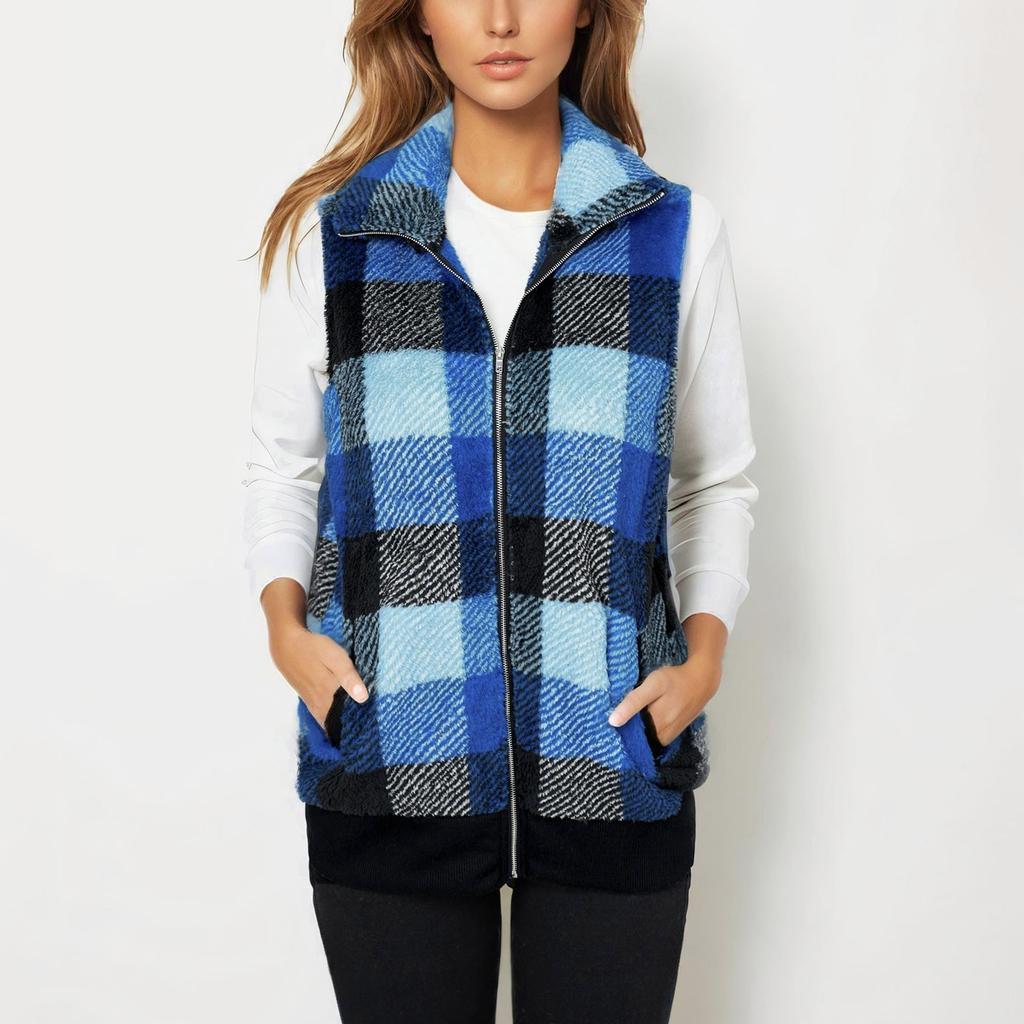 Women's Zipper Plaid Vest Sleeveless Lapel Front Cardigan Wool Sweater Autumn Fashion Plush Jacket Coat