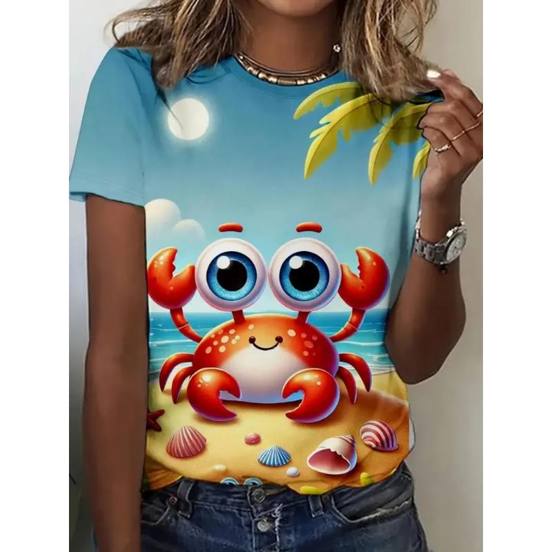 Modisches Damen Rundhals Kurzarm 3D Tier Farbdruck Tier Kurzarm Rundhals T-Shirt