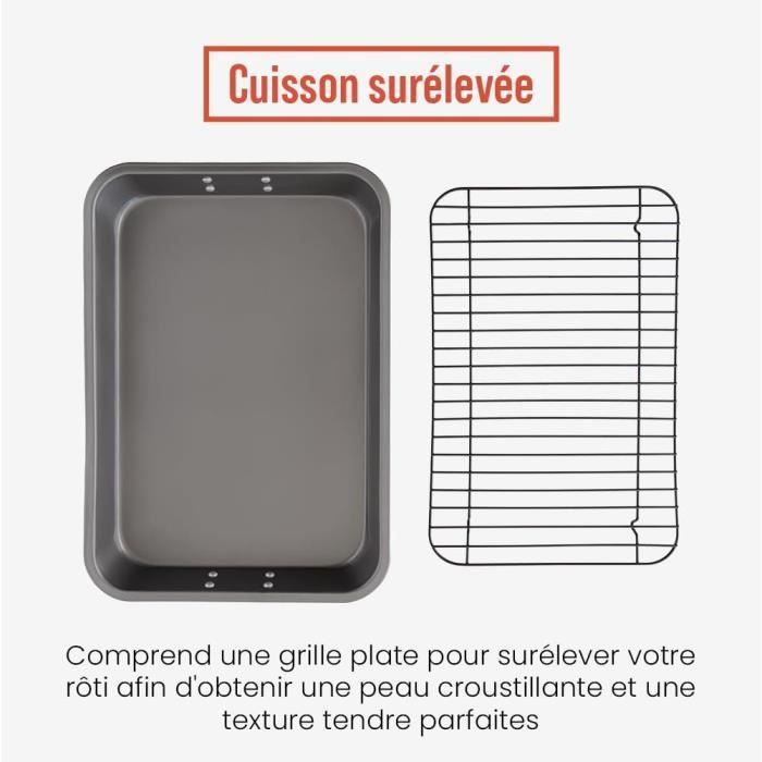 Chef pomodoro - grand plat à rôtir antiadhésif avec grille de cuisson - plat four rectangulaire 41 x 29 cm ultra résistant