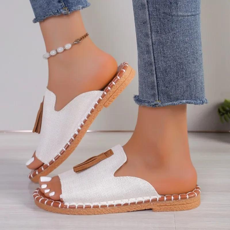 Damskie codzienne klapki plażowe na wakacje 2025 lato nowa moda frędzle outdoor płaskie buty sandały z odkrytymi palcami Zapatos De Mujer klapki