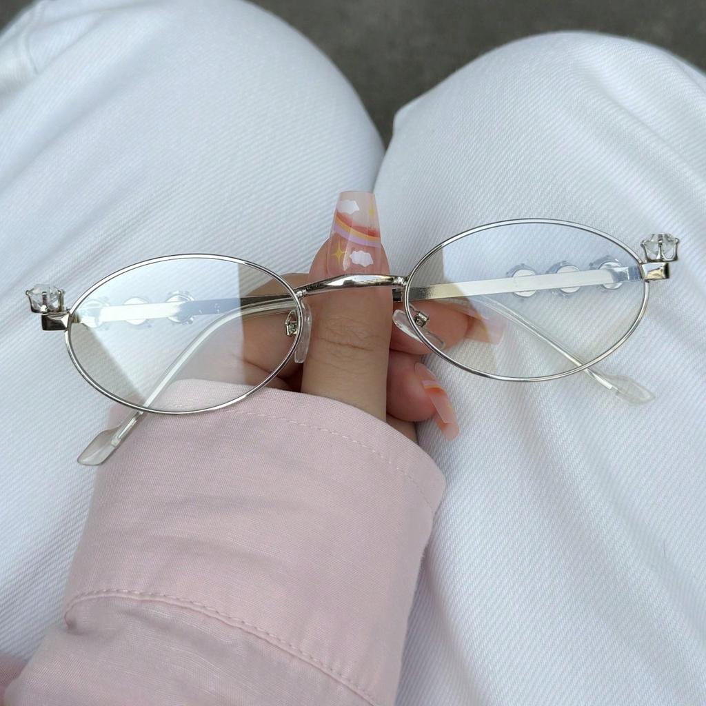 1pc Women's Metallic Oval Narrow Frame Rhinestone-Inlaid Fashion Glasses, Y2K Vintage Kawaii Plain Eyewear for Daily Styling Glasses Accessories