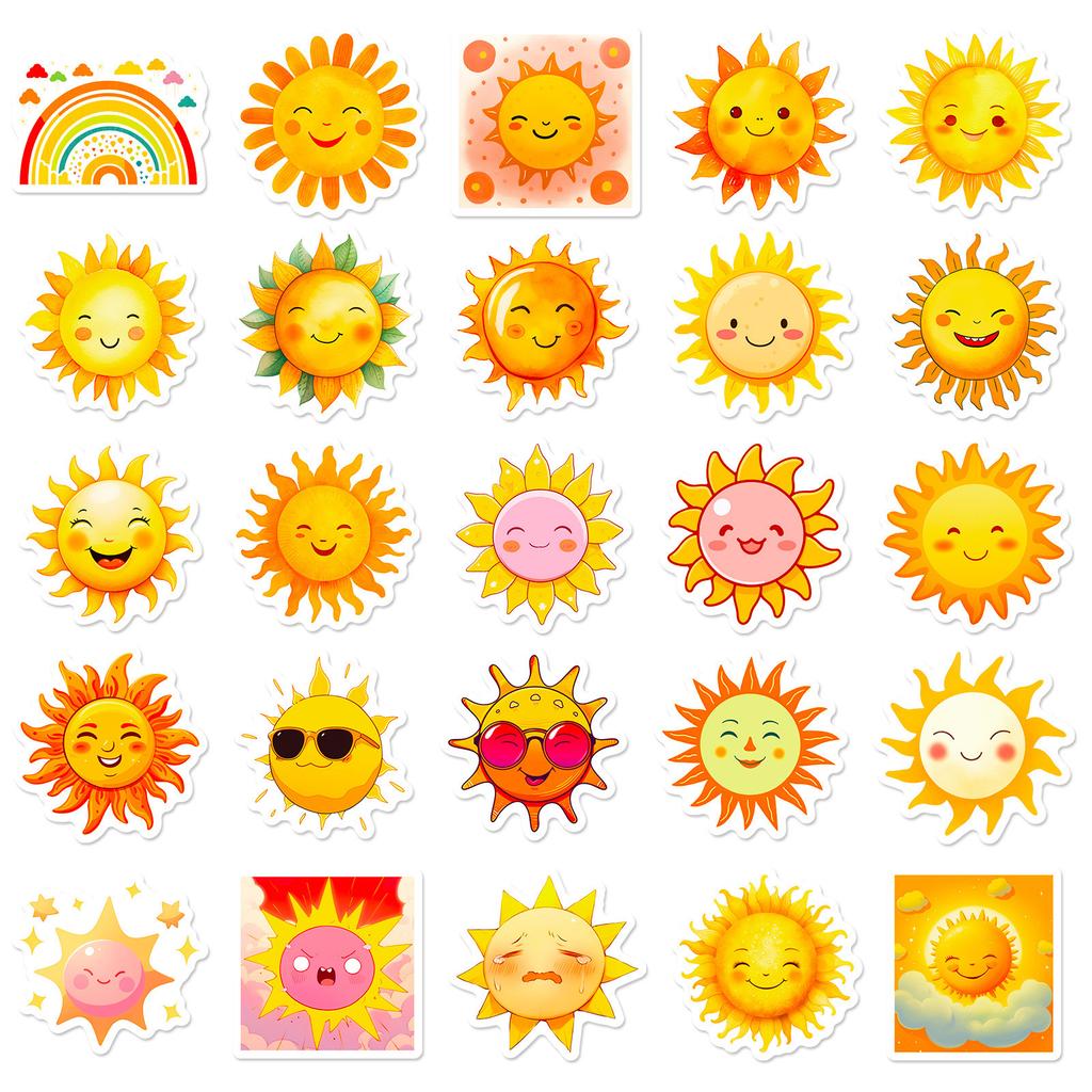 50 Cartoon Sun Stickers Doodle Sun Emoticon Pack Cute Smiling Face Personalized Children's Stickers