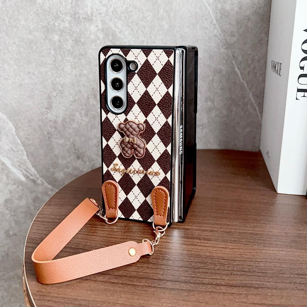 Luxus Mode Business Sle Metall Bär Armband Leder Handyhülle für Samsung Galaxy Z Fold 7 6 5 4 3 Schutz Hülle Rückseite