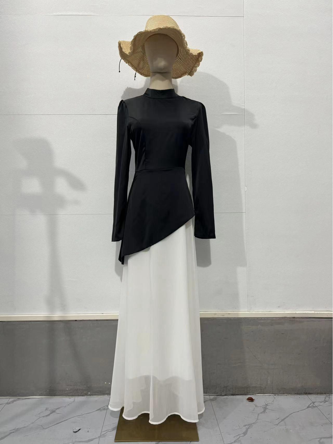 Elegant Black & White Pleated Dress: Slimming, Waist-Cinching, Wide-Hem, Autumn Style, Women s 2025 XXL