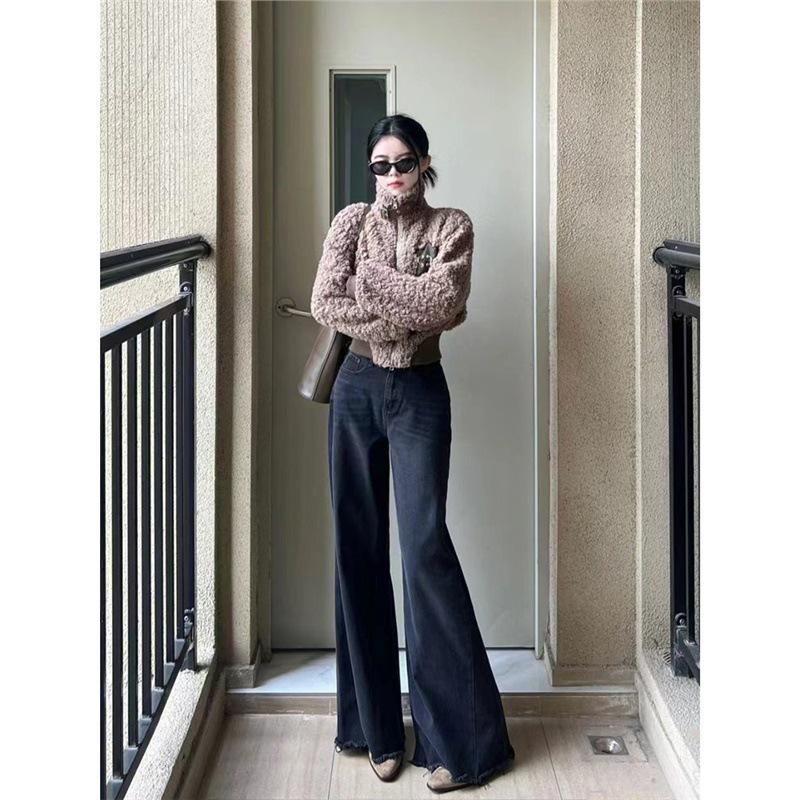 Women's Wide-Leg Frayed Edge Jeans: Autumn/Winter Floor-Length, Slimming Straight-Leg Design