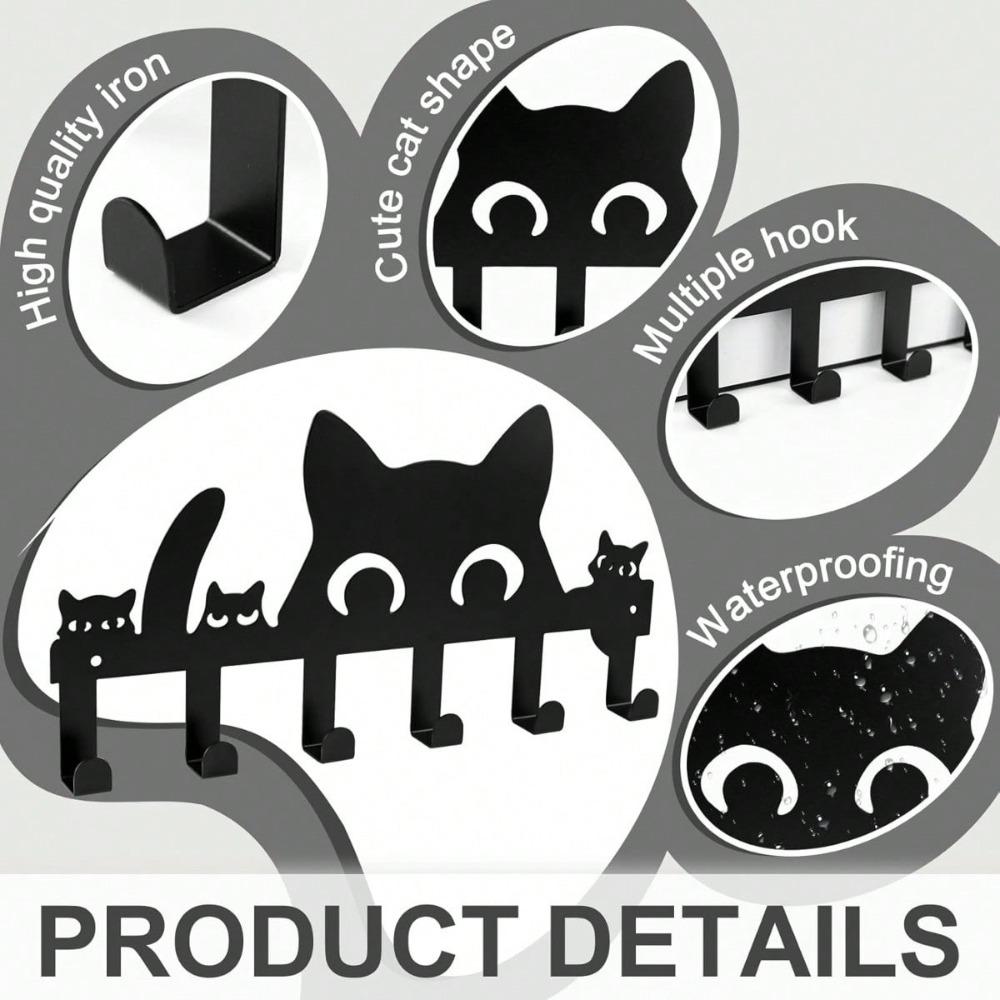 Wall Mounted Cat Key Holder 6 Hooks Self Adhesive No Drill Space Saving Entryway Decor