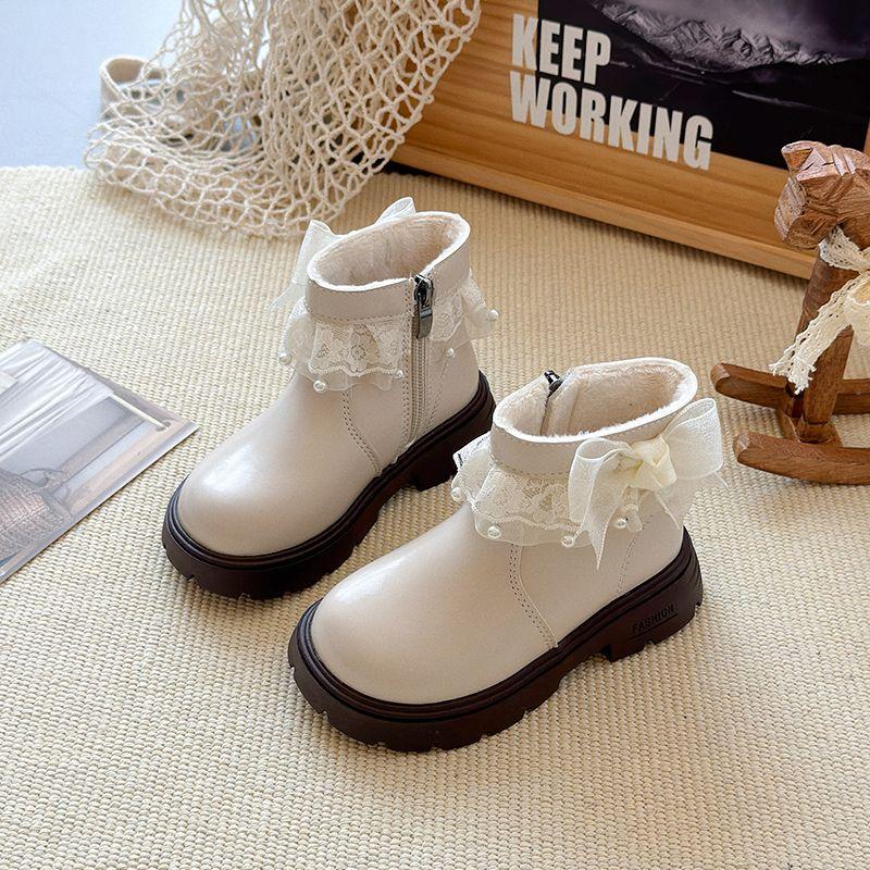 Children's Sweet Ankle Boots, Winter Girls' Fashionable Lace Bow and Fleece Boots
