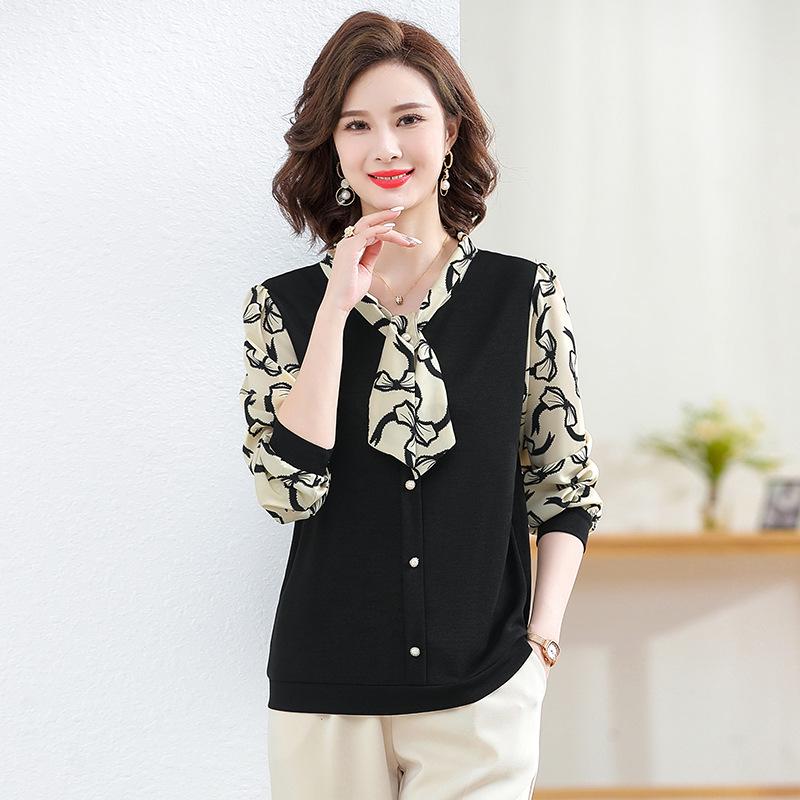 Stylish Printed Bow Tie Chiffon Top for Middle-Aged and Elderly Women – Loose Fit, Long-Sleeved, Plus Size