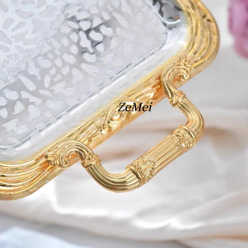 European-Style Rectangle Fruit Plate,Carving Snowflake Home Portable Platinum Metal Cake Tray,Storage Plate Wedding Decoration
