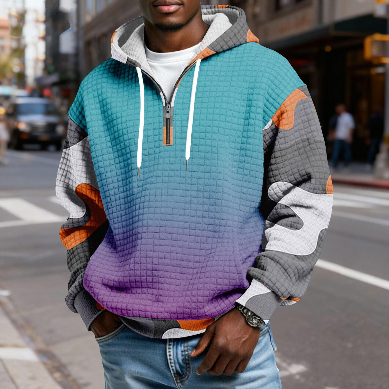 

Men s Half-Zip Hooded Plaid Pullover Drawstring Print Casual Sports Sweatshirt L