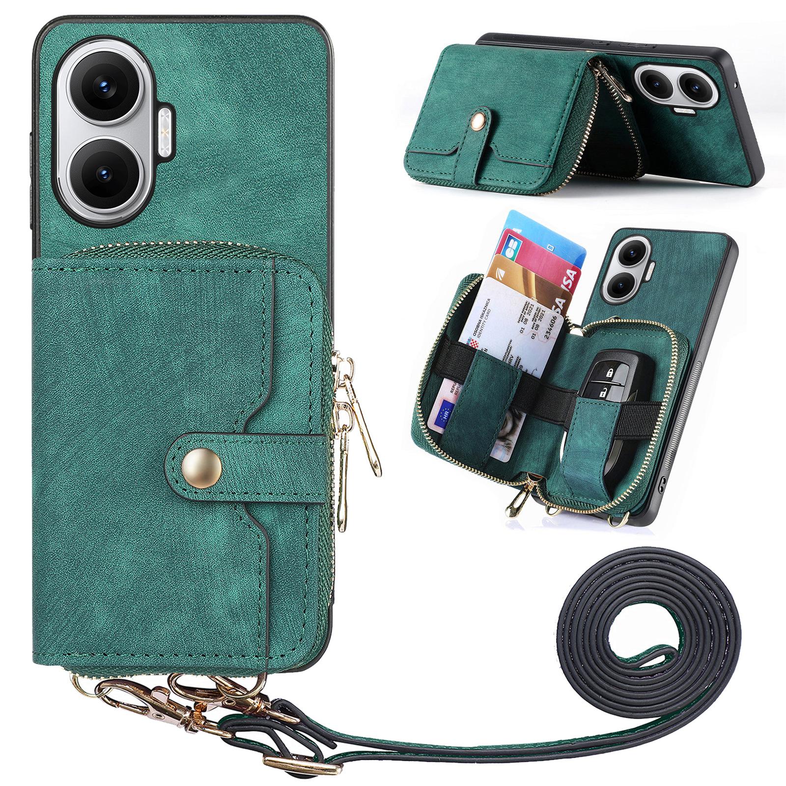 

For Xiaomi Redmi Turbo 4 Pro 5G PU Leather Phone Back Cover with Zipper Card Holder and Long Strap Green