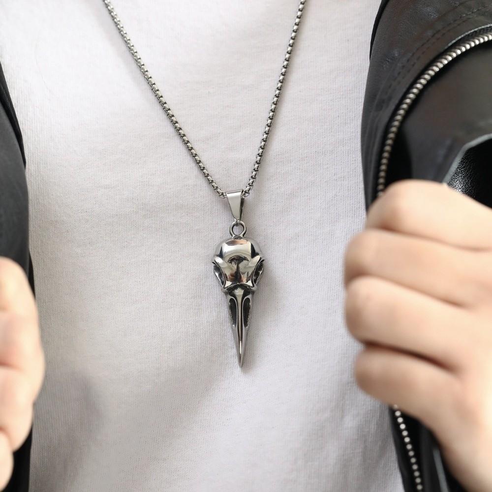 304 Stainless Steel Bird Skull Necklace Vintage Viking Crow Necklace for Men and Women