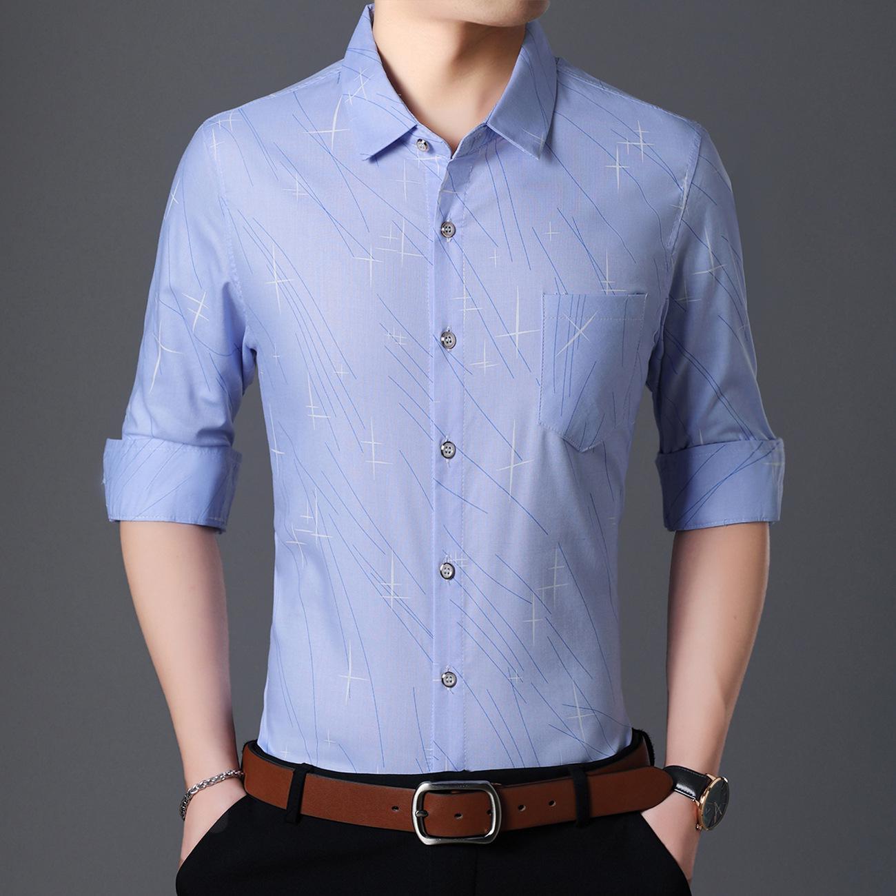 

Мужская полосатая дышащая рубашка с длинным рукавом - Весна и Осень, Не требующая глажки, Свободный крой для мужчин среднего возраста XXXL синий