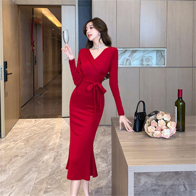 Pure desire style red chest long-sleeved dress women's clothing autumn and winter design sense slim temperament inner hip-wrapped dress