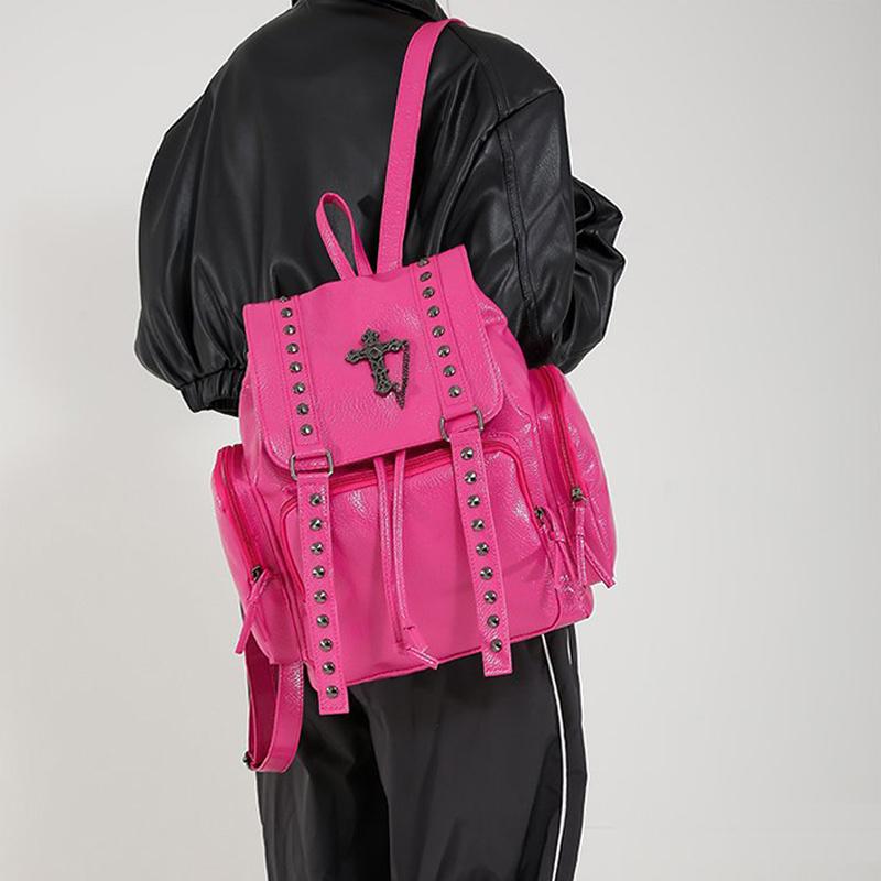 Yogodlns Nieten Rucksack Damen Gothic Punk PU Leder Schultertasche Damen Vintage Rucksäcke College Große Kapazität Schultasche