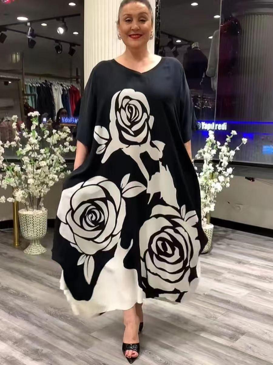 European And American New European And American Large-Size Women S Clothing Black And White Printed Pocket Medium-Sleeved Dress XS чёрный