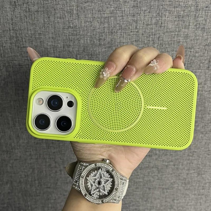 Luxury Mesh Hole Heat Dissipation Case for iPhone16 15 14 Plus 13 12 11 16Pro Max For Magsafe Wireless Charge Hard PC Thin Cover