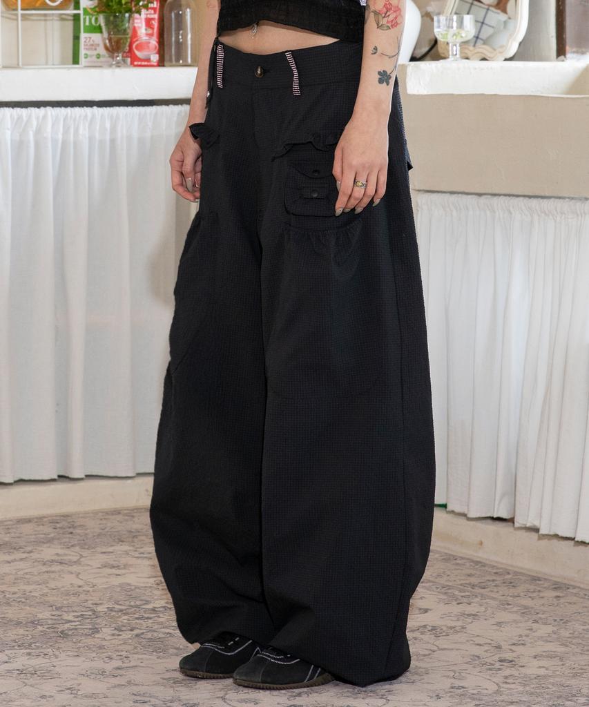 RuNaKi'Hu' Wxp042 Saki Frill Seersucker Wide Pants (Black)