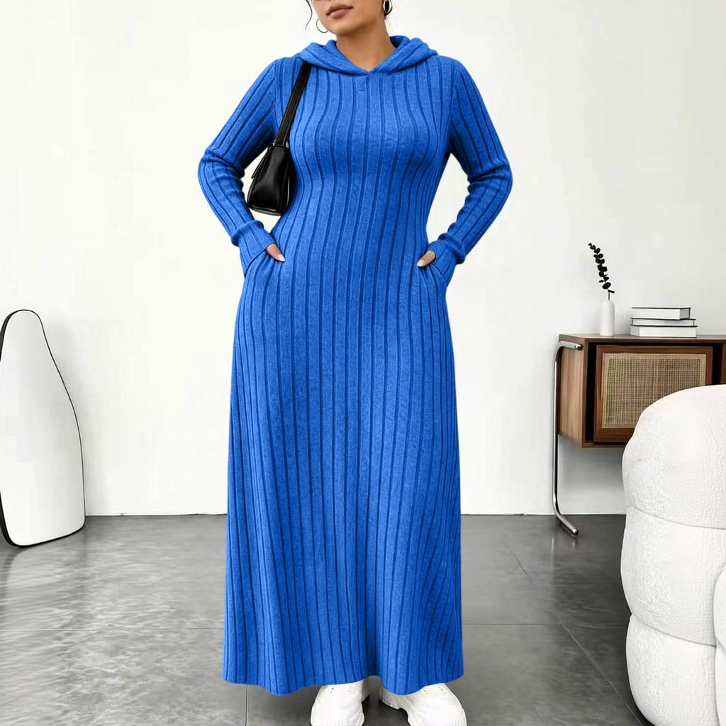 Women's Fashion Color Hooded Ribbed Dress with Slim Fit Cinched Waist and Pockets