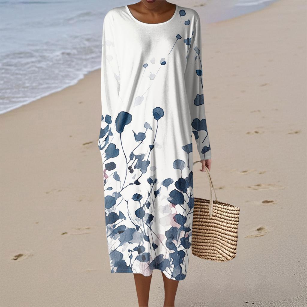 Women's Fashion Casual Long Sleeve Retro Floral Print Round Neck Pocket Elegant Temperament Dress