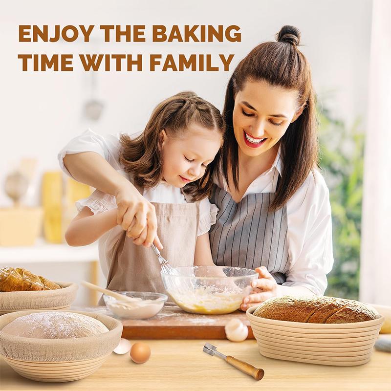 LMETJMA Gärkörbe Set Sauerteigbrot Backset Rund Oval Teig Gehen Lassen Rattan Schüsseln mit Einlagen Metallschaber JT341