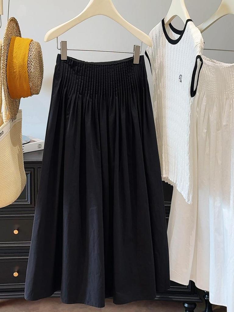 White A-line Pleated High-Waisted Umbrella Skirt - Women's 2025 Summer Mid-Length Flare Design