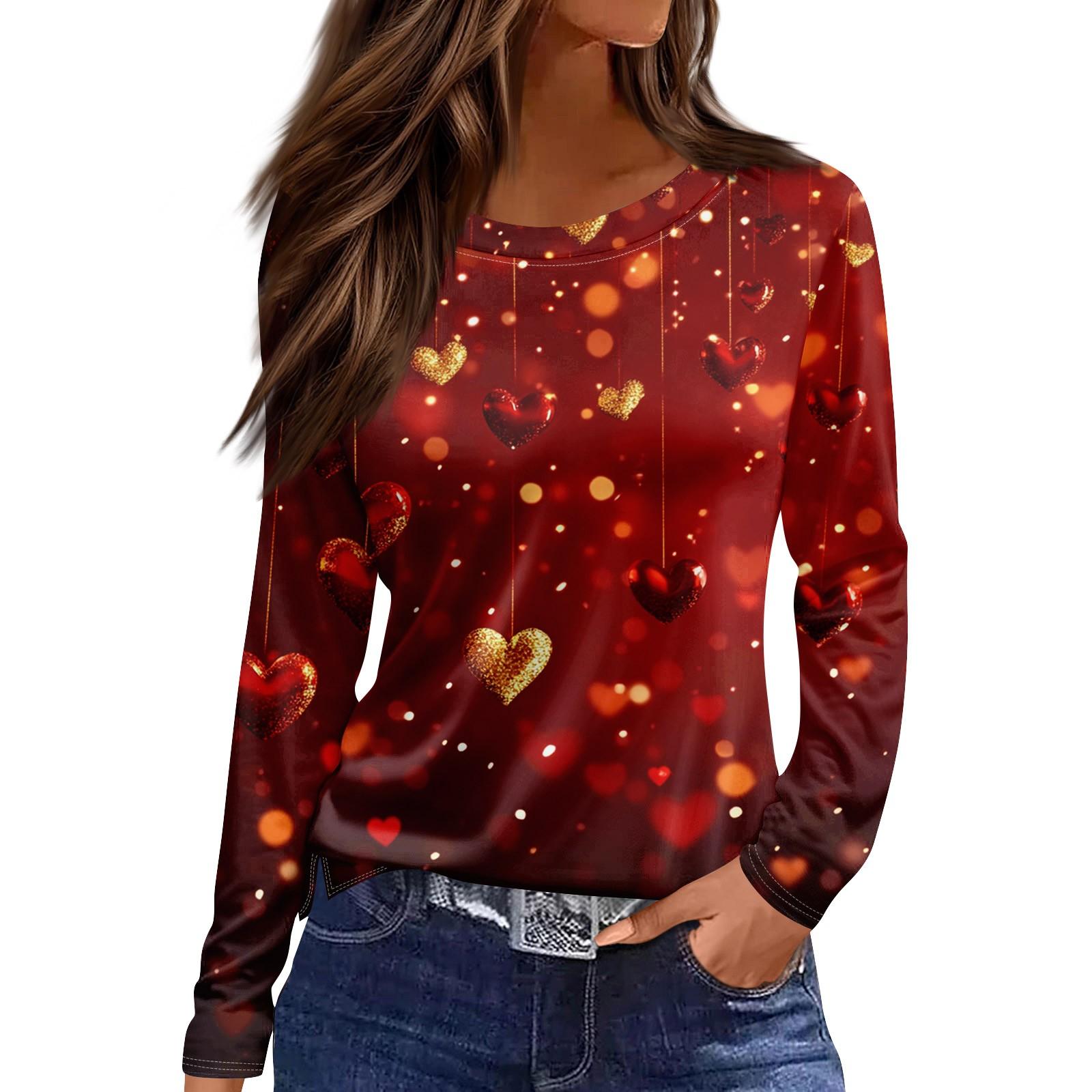 

Женская модная повседневная футболка с разрезом и круглым вырезом, длинным рукавом и принтом ко Дню святого Валентина, женский топ XL винный