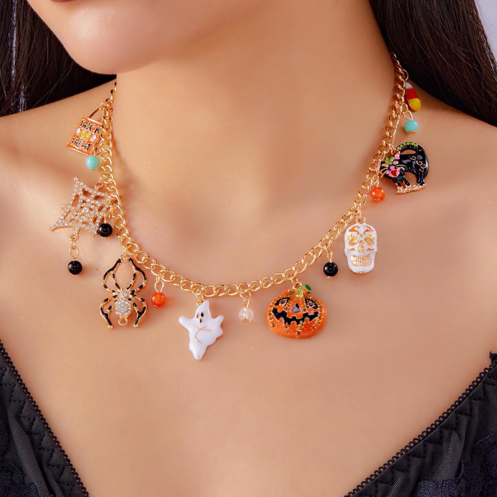 Halloween Pumpkin Ghost Spider Alloy Jewelry Set With Chain For Men Women