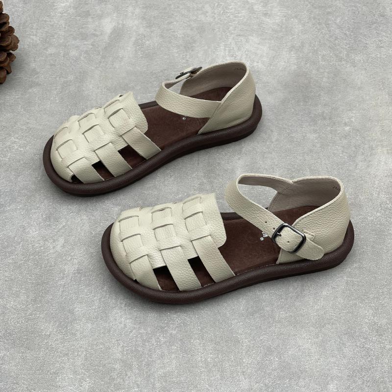Johnature Soft Cowhide Woven Round Toe Flat Sandals Soft Sole Comfortable Genuine Leather Women's Shoes