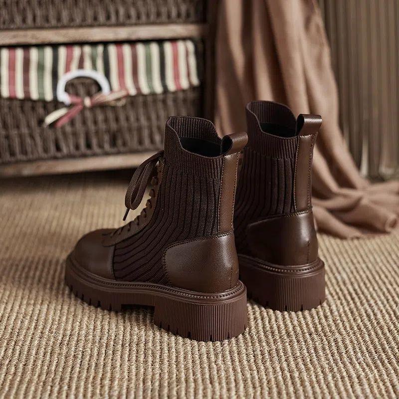 Booties Lace-up Sock Black Female Ankle Boots Punk Style Footwear Combat with Laces Short Shoes for Women Fashion 2024 New Rock