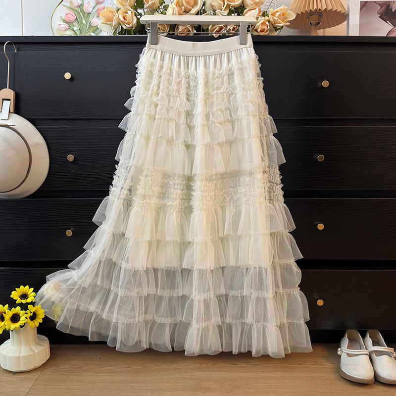 Elegant French Ruffled Multi-layered A-line Fluffy High-waisted Pleated Skirt for Women - Autumn 2025 Collection