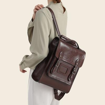 Genuine Leather Women's Bag Oil Waxed Cowhide Backpack Vintage Bag All-in-one British Academy Style Large Capacity Backpack