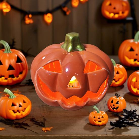 Yousheng Light Up Halloween Decoration Ceramic Carved Pumpkin Skull Bat Figurine LED Tabletop Ornament for Halloween Home Shelf Desk Decor
