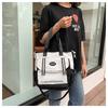 Japanese Style Color Block Canvas Tote Bag for Students, Large Capacity Book Shoulder Bag with Handles, Casual School Commute Handbag