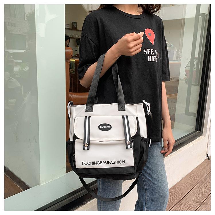 Japanese Style Color Block Canvas Tote Bag for Students, Large Capacity Book Shoulder Bag with Handles, Casual School Commute Handbag
