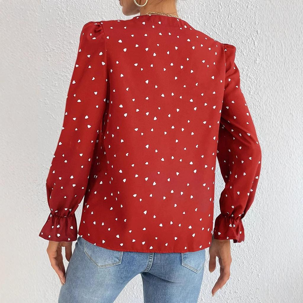 Spring and Autumn Love Printed Long Sleeve V-Neck Retro Hong Kong Flavor Personalized Foreign Style Top