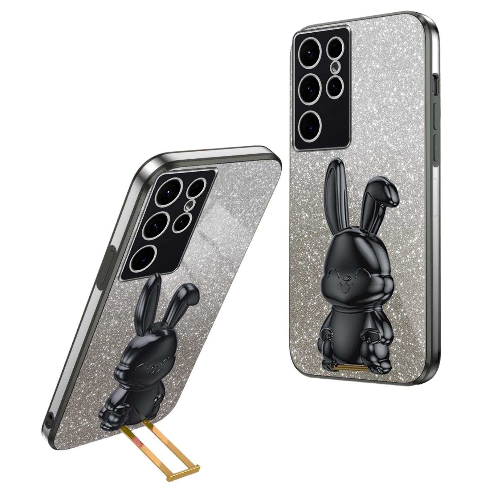 

For Samsung Galaxy S24 Ultra Cell Phone Back Protector Cartoon Rabbit Pull-out Kickstand Cover Black